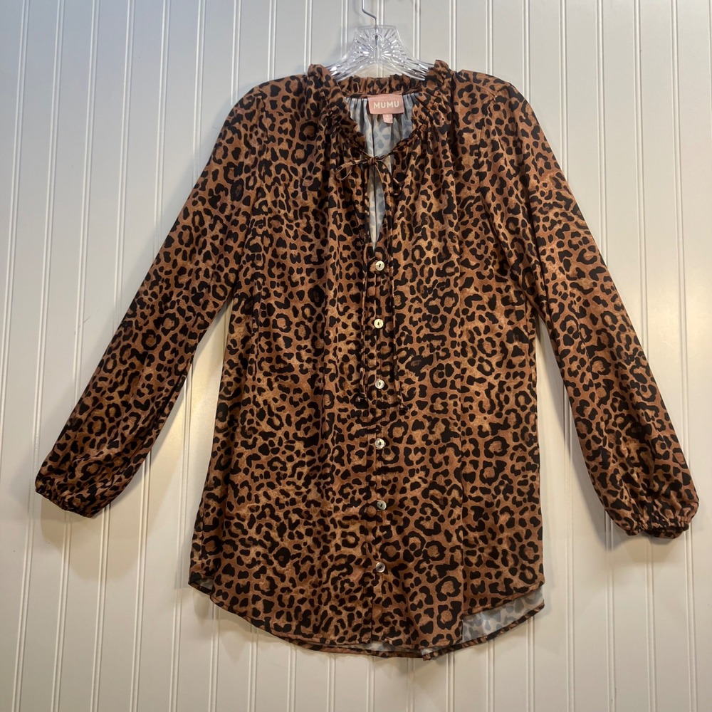 Show Me Your Mumu Alicia Tunic Leopard Print Tie Neck Blouse Small USA Mob Wife